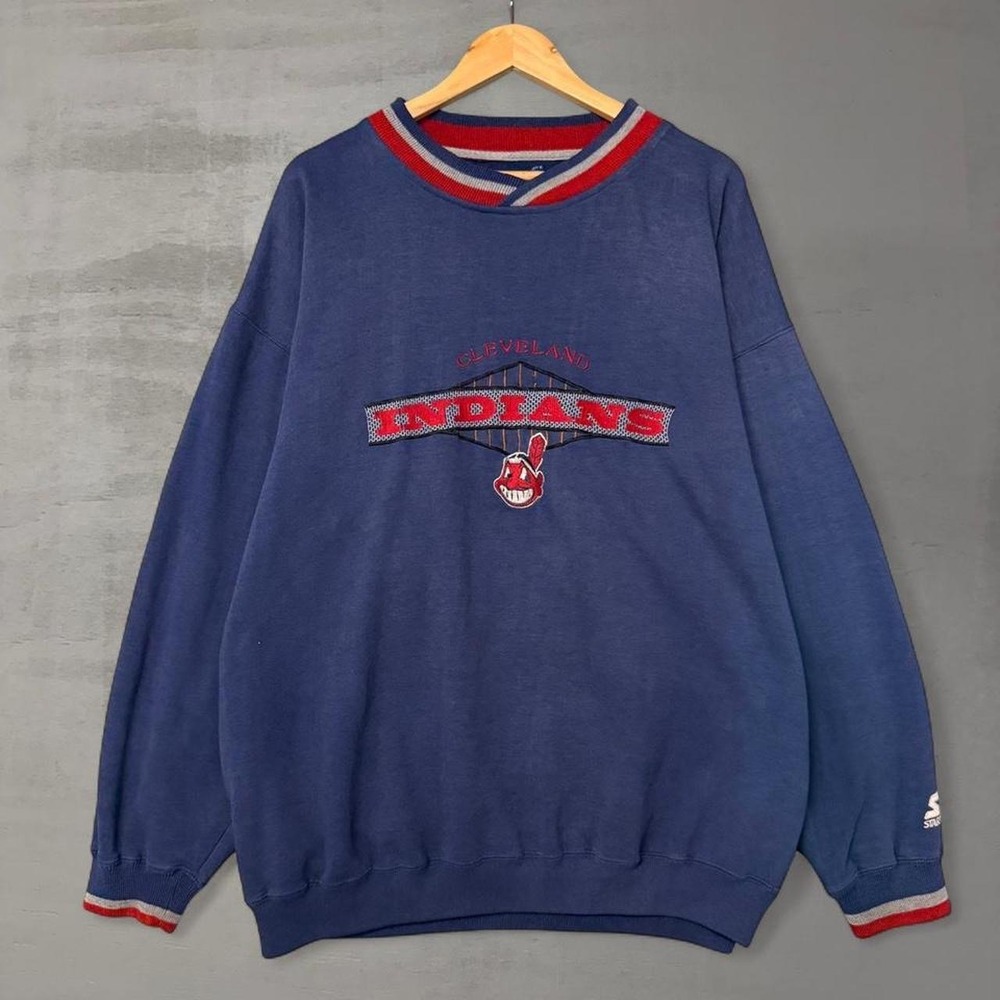 Vintage Starter Cleveland Indians Sweatshirt Navy Blue Chief Wahoo  Faded XL